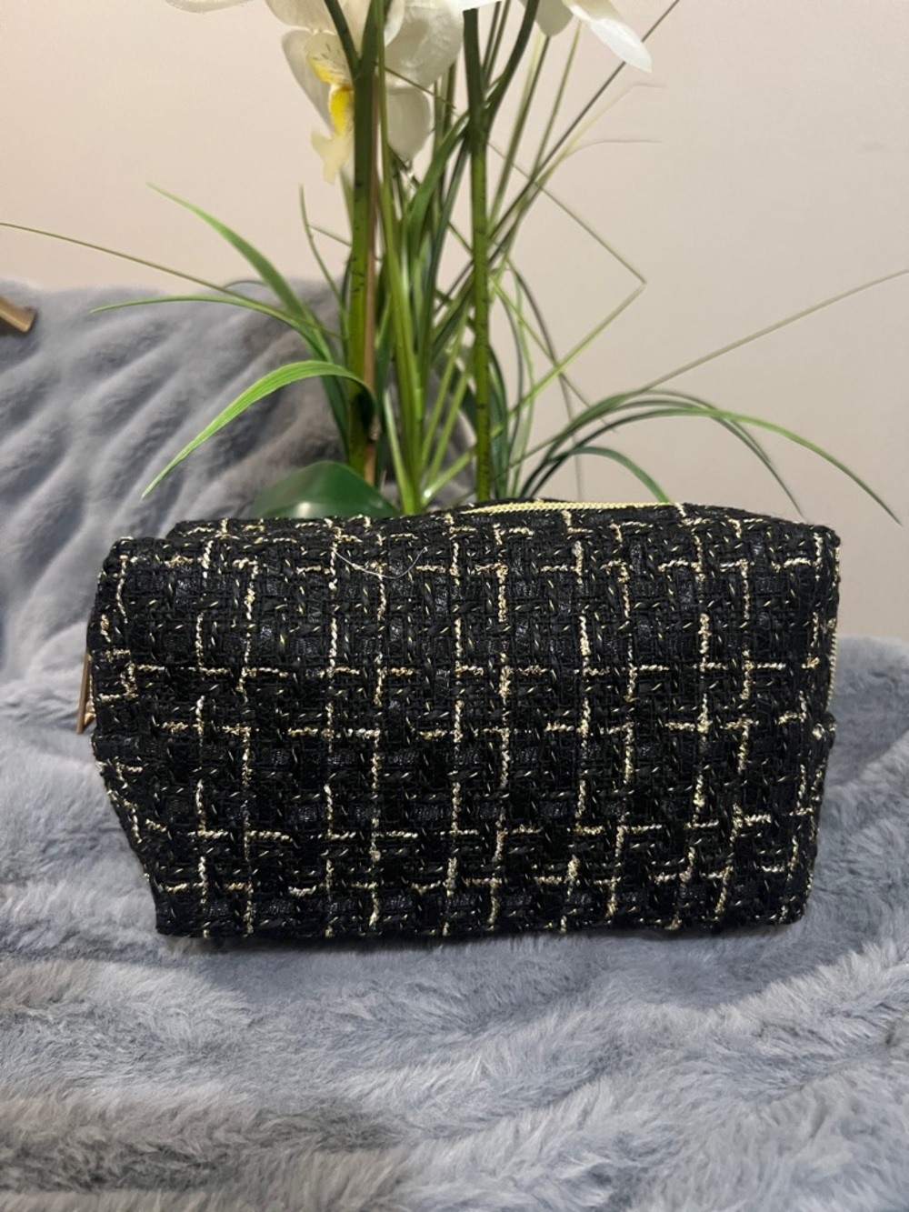 Textured Black Tweed Cosmetic Case with Metallic Thread Accents NWOT